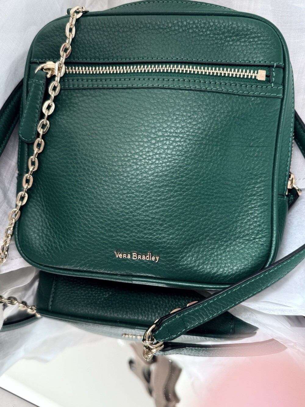 Vera Bradley Elena Teal Green Pebbled Leather Crossbody Bag Gold Chain 21262-D48